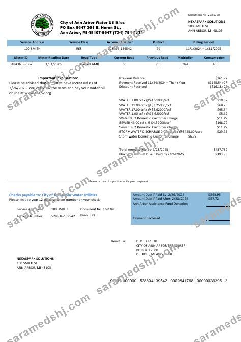 USA Michigan City of Ann Arbor Water Utilities business utility bill template in Word and PDF formats